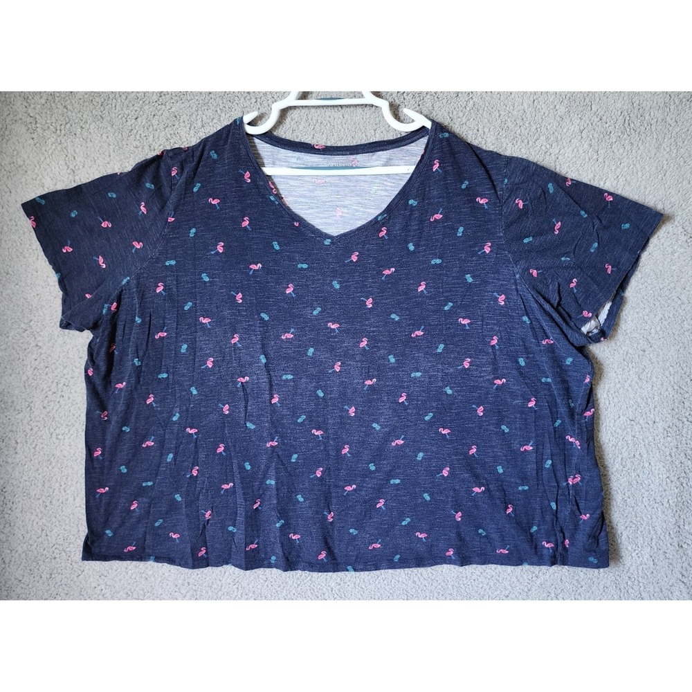 Catherines T-Shirt Womens 4X Navy Blue Flamingo Pineapple V-Neck Short Sleeve